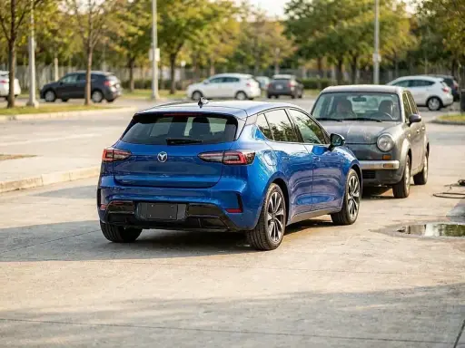 Ein blauer Kleinwagen parkt neben einem älteren grauen Auto. Zukünftig könnten solche Modelle, welche autos steigen im wert, zu begehrten Sammlerstücken werden.
