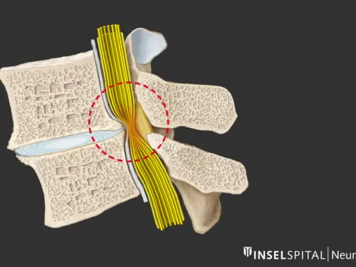Darstellung einer Spinalkanalstenose, die Nervenwurzeln komprimiert. Eine Operation kann hier Linderung verschaffen.