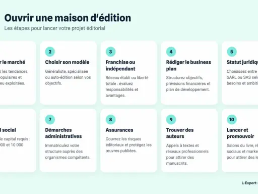 Les 10 étapes pour ouvrir une maison d'édition : étude de marché, modèle, business plan, statut juridique, capital, démarches, assurances, auteurs, lancement et promotion.