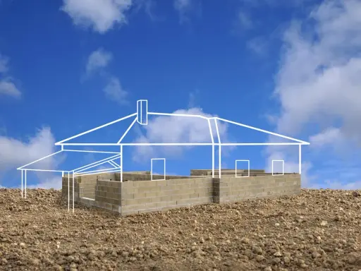 Esquisse d'une maison sur un terrain rocailleux, montrant les fondations en parpaings et le plan blanc de la structure. L'implantation maison sur terrain est en cours.