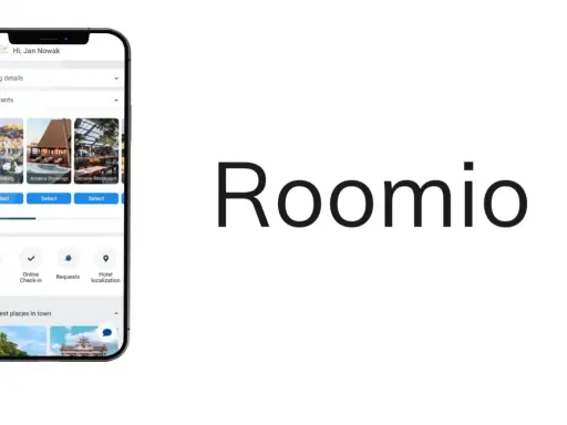 Aplikacja Roomio ułatwia rezerwacje i online check-in. Widok telefonu z opcjami restauracji i usług.
