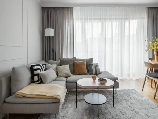 Szary dywan z subtelnym wzorem idealnie dopełnia nowoczesny salon. Inspiracja, jak dobrać dywan do salonu, by stworzyć przytulną atmosferę.