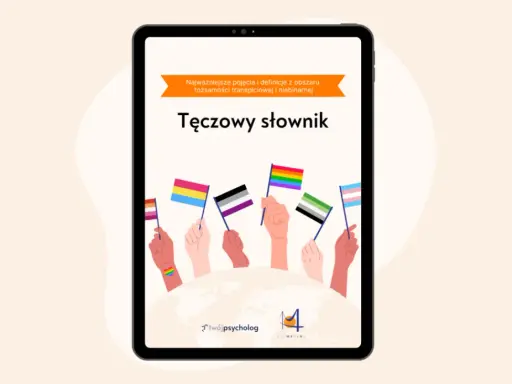 Tęczowy słownik: lista pojęć i definicji dotyczących tożsamości płciowych. Różne flagi symbolizujące społeczność LGBTQ+ wzniesione przez dłonie.