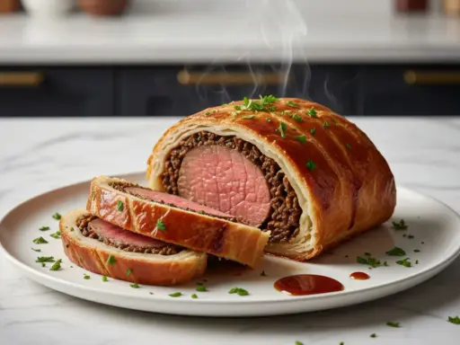 Un jugoso solomillo Wellington, recién horneado y humeante, servido en un plato blanco con perejil picado y una pizca de salsa.