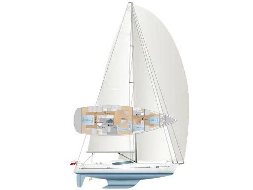 Grundriss einer Segelyacht von Kraken Yachts mit detaillierten Innenmaßen und Ansicht des Rumpfes mit Segeln.