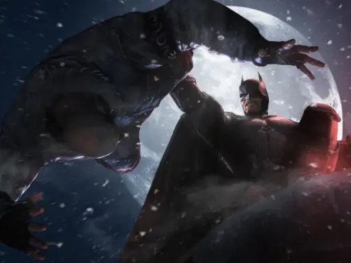 Batman z gry Batman Arkham Origins walczy z przeciwnikiem na tle księżyca.
