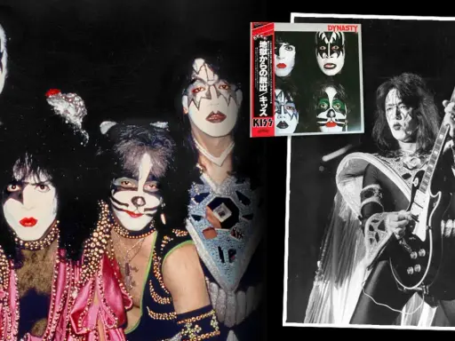 Medlemmar av KISS med sina ikoniska sminkningar och scenkläder. En bild visar bandet samlat, en annan en medlem som spelar gitarr.