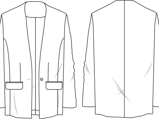 Patrón de chaqueta de mujer con cuello mao, bolsillos de solapa y un botón. Vista frontal y trasera.