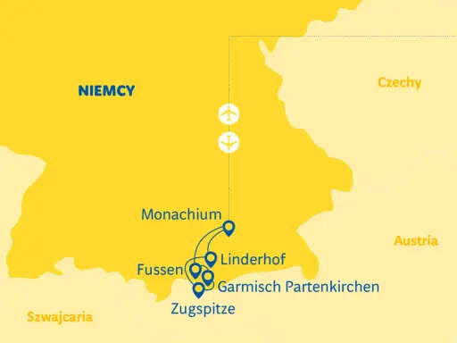 Mapa Bawarii z zaznaczonymi Monachium, Fussen, Linderhof, Garmisch-Partenkirchen i Zugspitze.