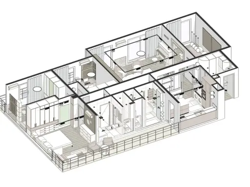Plan architecte isométrique d'un appartement moderne avec chambre, salon, cuisine, salle de bain et bureau.