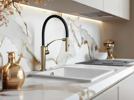 Elegancka kuchnia z marmurowym blatem i złotymi akcentami. Nowoczesny zlew i bateria dodają stylu. Inspiracje dla Twojego domu.