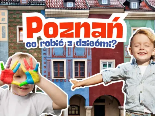 Poznań: kolorowe ręce dziecka i uśmiechnięty chłopiec na tle kamienic. Idealne atrakcje dla dzieci w Poznaniu!