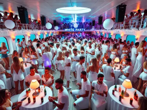 Festa in bianco a bordo della MSC Divina, con centinaia di persone che ballano e si divertono in un'atmosfera vibrante.