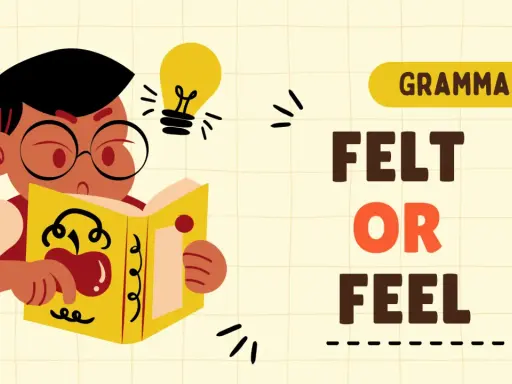 Chłopiec z okularami czyta książkę, a nad nim żarówka symbolizuje pomysł. Tekst "GRAMMAR FELT OR FEEL" sugeruje naukę gramatyki, gdzie "felt" i "feel" to dwie formy.