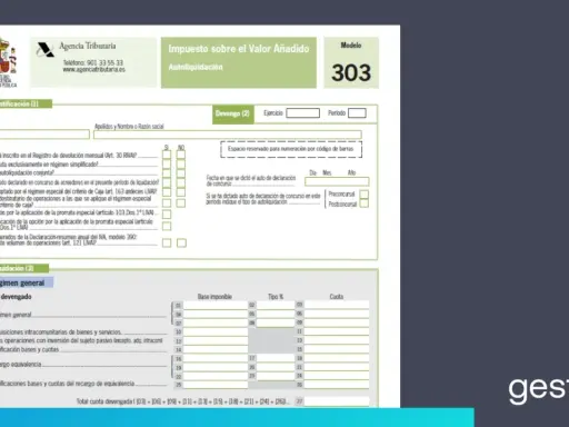 Formulario Modelo 303 de la Agencia Tributaria para la autoliquidación del IVA. Se deben declarar las cuentas corrientes y otros datos fiscales.