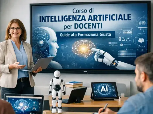 Docente presenta un seminario online sull'intelligenza artificiale per insegnanti, con un robot e schermi che mostrano concetti di AI.