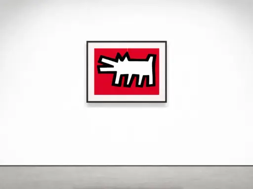 A white, stylized Keith Haring barking dog with black outlines on a vibrant red background, framed in black.