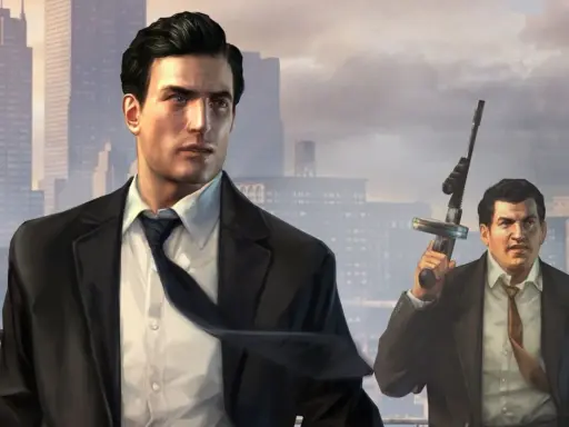Dwóch mężczyzn w garniturach na tle miasta. Jeden z nich trzyma broń. To kadr z gry Mafia 2, idealny do poradnika.