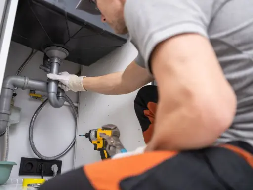 Plombier ajustant un siphon, utilisant une réduction excentrique pour un raccordement parfait sous l'évier.