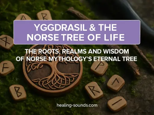 Un arbre de vie sculpté, entouré de runes, symbole nature de la mythologie nordique.