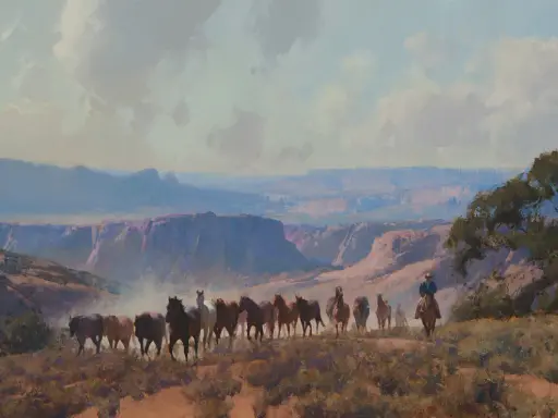 A herd of horses moves through a canyon landscape, guided by a lone rider. This scene captures the spirit of western artists.