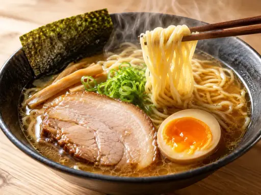 Parujące, aromatyczne **co to jest ramen** z makaronem, plastrem wieprzowiny, jajkiem i nori.