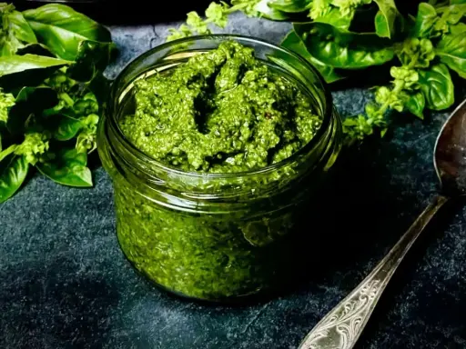 Frisches Basilikum-Pesto in einem Glas, bereit für ein köstliches basilikum pesto rezept. Daneben ein Löffel und grüne Basilikumblätter.