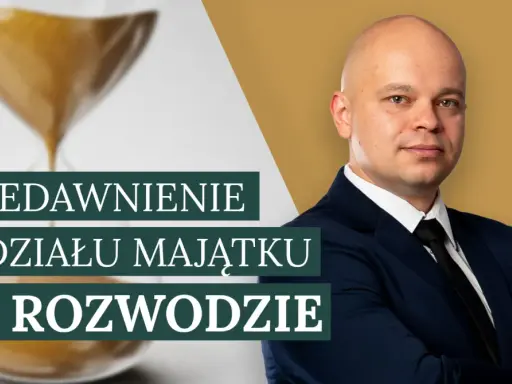 Klepsydra symbolizuje upływ czasu, a mężczyzna w garniturze sugeruje, że temat dotyczy prawnych aspektów podziału majątku po rozwodzie i przedawnienia.