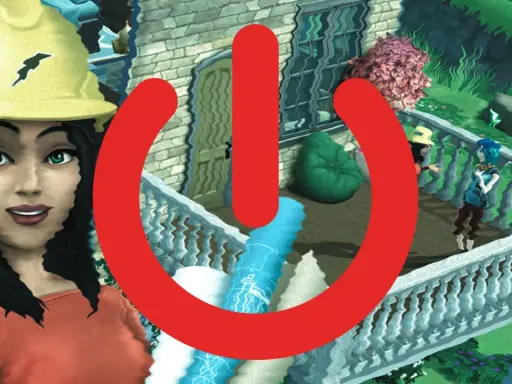Kobieta w kasku budowlanym i czerwony symbol zasilania na tle domu z Simsów. Czas zacząć grę w The Sims Mobile!