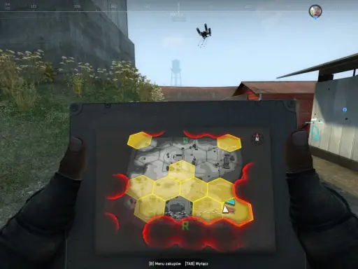 Gracz w CS GO Danger Zone analizuje mapę z zaznaczonymi strefami zagrożenia. 14 wrogów, 1750$.