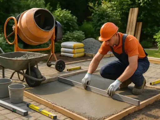 Un ouvrier utilise une règle de maçon pour niveler du béton fraîchement coulé. Il est en train de travailler sur le temps pour couler 1m3 béton seul.