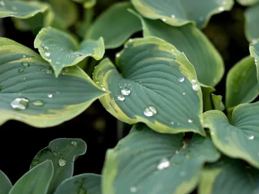 Close-up of variegated hosta types after rain, with water droplets clinging to the blue-green leaves edged in yellow.