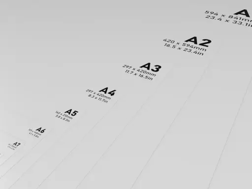 Tamaños de papel A1 a A8, mostrando la progresión de tamaño. El A0 es el más grande, el A8 el más pequeño.