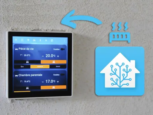 Écran tactile de domotique affichant la température de deux pièces. Apprenez comment programmer un programmateur pour optimiser votre confort.