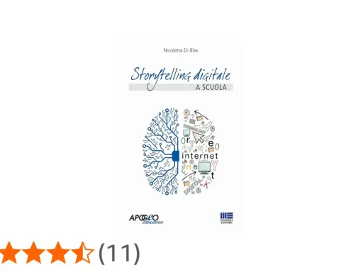 Copertina libro "Storytelling digitale a scuola". Un cervello stilizzato, metà circuito elettronico, metà disegni legati a internet e tecnologia, simboleggia un'app per storytelling.