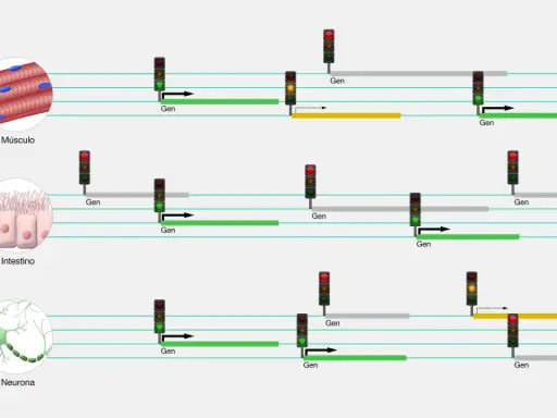 Diagrama ilustra la función del ARN en músculo, intestino y neurona, mostrando la activación y expresión de genes con semáforos.