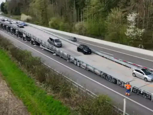 Un puente móvil transporta varios coches por una autopista.