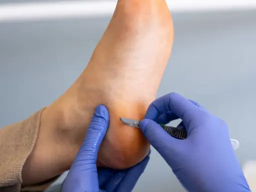 Un podologue enlève une callosité au pied avec un scalpel.