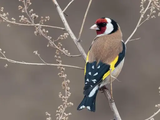 Un piccolo cardellino femmina, con il suo piumaggio colorato, si posa su un ramo secco tra le infiorescenze.