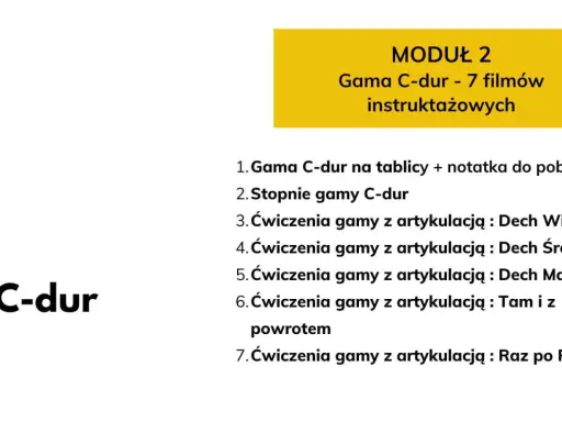 Moduł 2: Gama C-dur i jej stopnie. Lista 7 filmów instruktażowych, w tym ćwiczenia artykulacyjne.