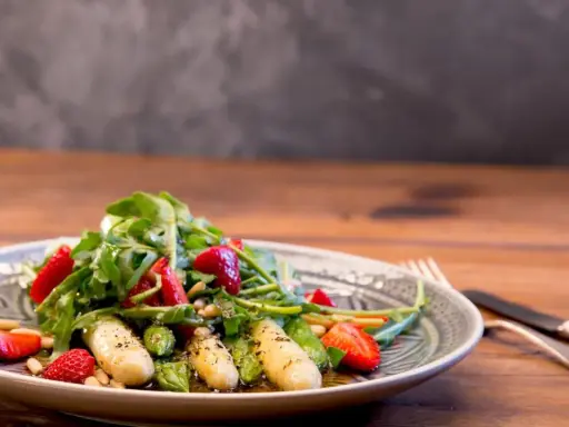 Ein frischer Spargelsalat mit Erdbeeren, Rucola und Pinienkernen, appetitlich auf einem Teller angerichtet.