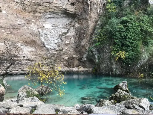 La source de la Sorgue, une eau turquoise limpide émergeant d'une falaise rocheuse, entourée de végétation et d'arbres aux feuilles d'automne.
