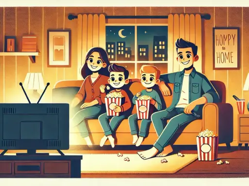 Rodzina ogląda telewizję, jedząc popcorn. Idealny wieczór z serialami do nauki angielskiego.