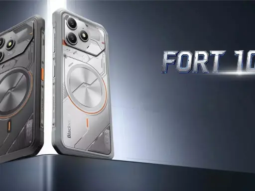 Dwa wytrzymałe telefony Blackview Fort 100, jeden szary, drugi biały, z widocznym logo firmy.