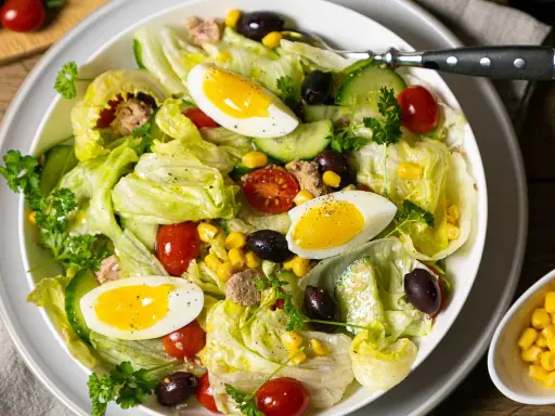 Frischer Salat mit knackigem Eisbergsalat, Tomaten, Gurken, Oliven, Mais und Eiern. Ein herzhafter Thunfischsalat, der Lust auf mehr macht.