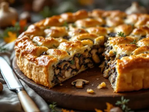Une tourte aux champignons dorée et appétissante, coupée en part, révèle une garniture généreuse. Un couteau est posé à côté.