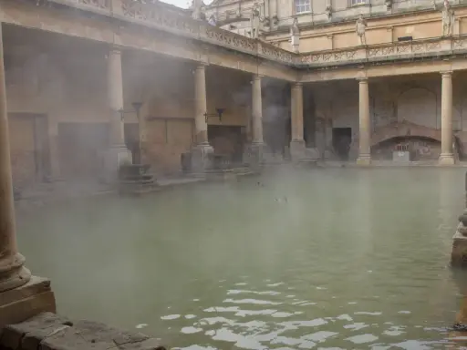 Dampf steigt aus dem Becken der römischen Therme auf. Säulen und Bögen umgeben das Wasser, in dem Enten schwimmen.