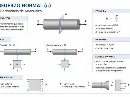 Diagrama de esfuerzo normal (σ) en resistencia de materiales. Muestra la fórmula σ = P/A, donde P es la fuerza axial, y tipos de tracción y compresión.