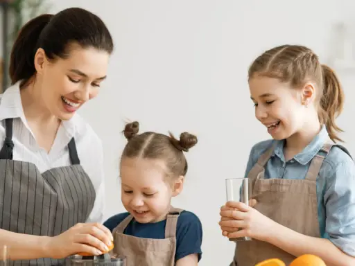 Mama z córkami robi sok pomarańczowy. To pyszne źródło witaminy A dla dzieci, które wspiera ich rozwój i odporność.