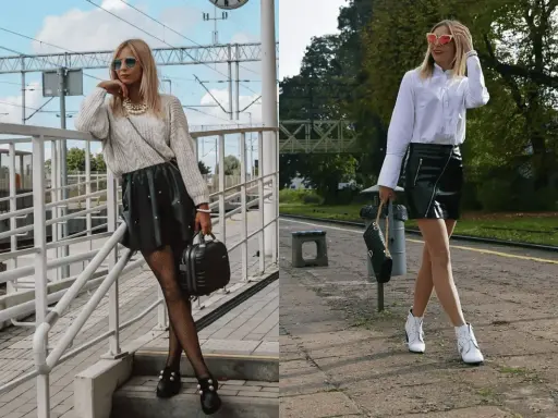 Dwie kobiety prezentują skórzana spódnica stylizacje na imprezę. Jedna w swetrze i z perełkami, druga w białej koszuli i z białymi botkami.